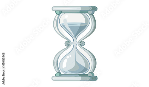 Classic hourglass with clear liquid flowing from top to bottom on white background