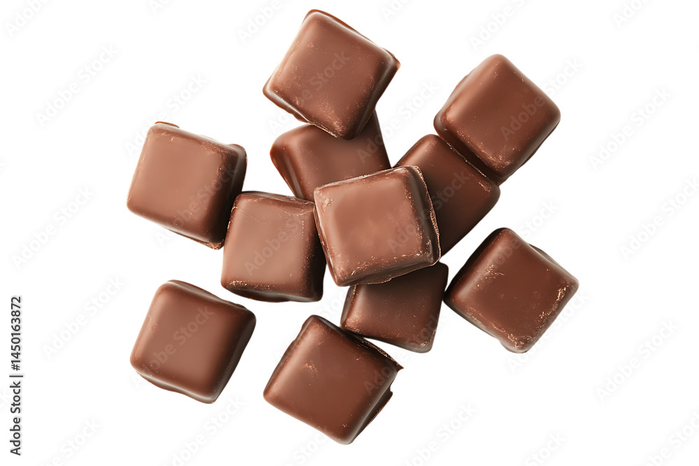 Pile of chocolate cubes with glazed coating on a transparent background Pile of chocolate cubes with glazed coating on a transparent background