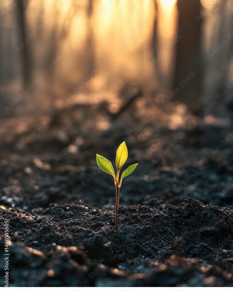 Forest scarred by wildfire begins to recover as green shoots emerge through ashes under morning mist and sunbeams, representing climate impact and ecological resilience in post-disaster recovery.