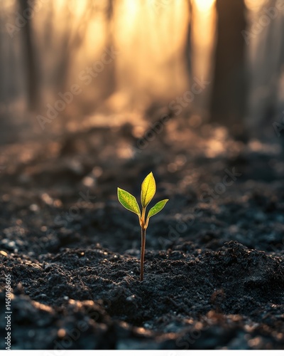 Forest scarred by wildfire begins to recover as green shoots emerge through ashes under morning mist and sunbeams, representing climate impact and ecological resilience in post-disaster recovery.