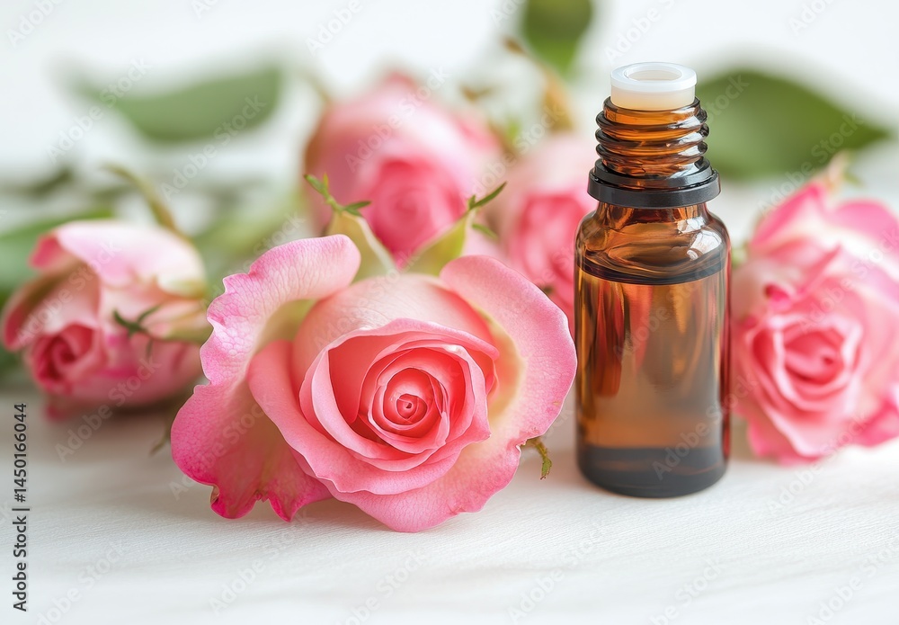 Beautiful pink roses with essential oil bottle on a soft background, ideal for wellness, aromatherapy, skincare, and nature-themed compositions Beautiful pink roses with essential oil bottle on a soft background, ideal for wellness, aromatherapy, skincare, and nature-themed compositions