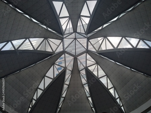 Interior lobby of the Torre de las Américas building in Panama City, with a star-shaped roof structure
