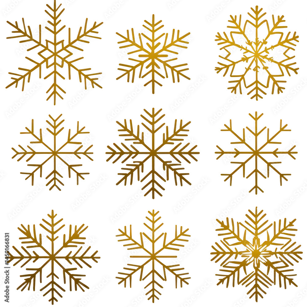 Golden snowflakes with intricate designs are arranged in grid pattern, showcasing variety of symmetrical shapes. metallic sheen adds elegance and festive feel Golden snowflakes with intricate designs are arranged in grid pattern, showcasing variety of symmetrical shapes. metallic sheen adds elegance and festive feel