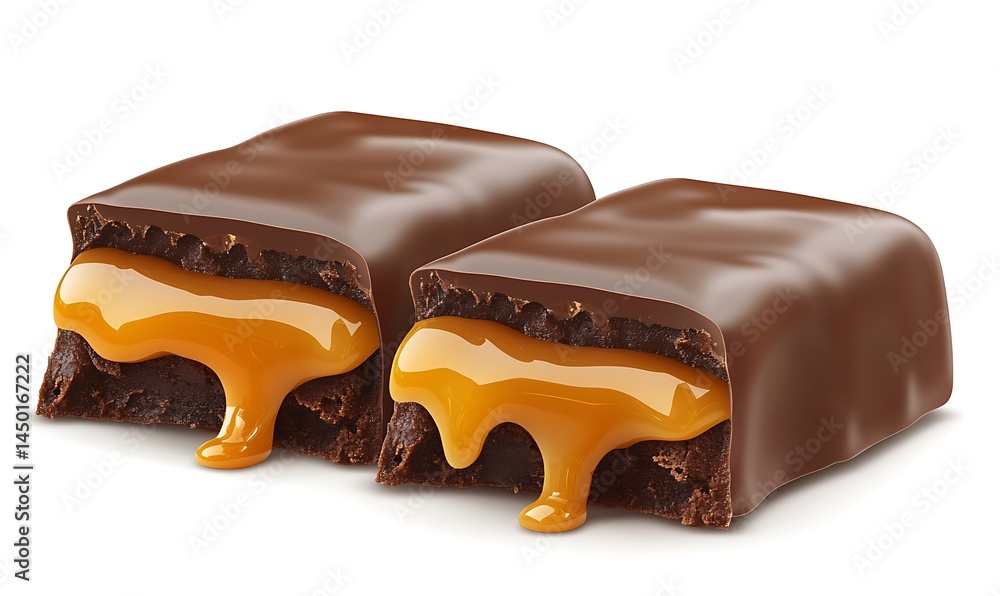 Two pieces of chocolate with melted caramel between them Two pieces of chocolate with melted caramel between them