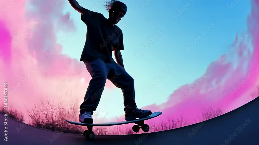 A skater boy riding a skateboard against a pink sky, shot from below with a fisheye lens