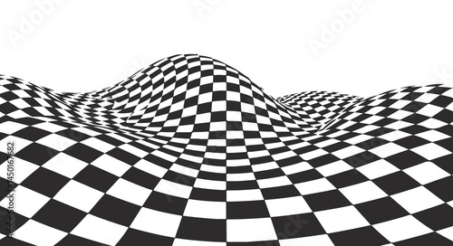 A black and white optical illusion image of a rippling checkerboard pattern creating a three-dimensional wave effect. vector illustration