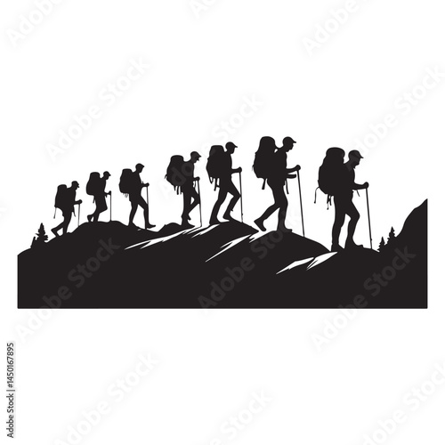 Line of Backpackers Trekking Uphill Mountain Travel Silhouette Art