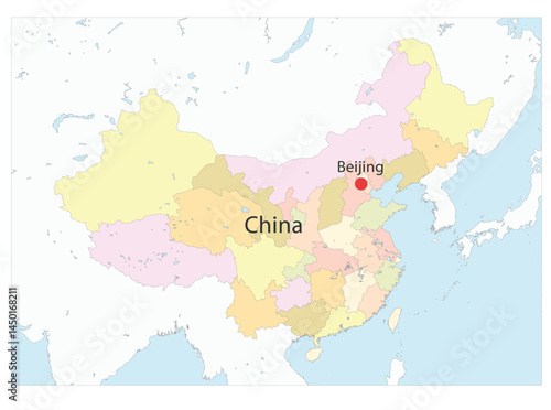 Outline of the map of the country of China with the designation of the capital Beijing