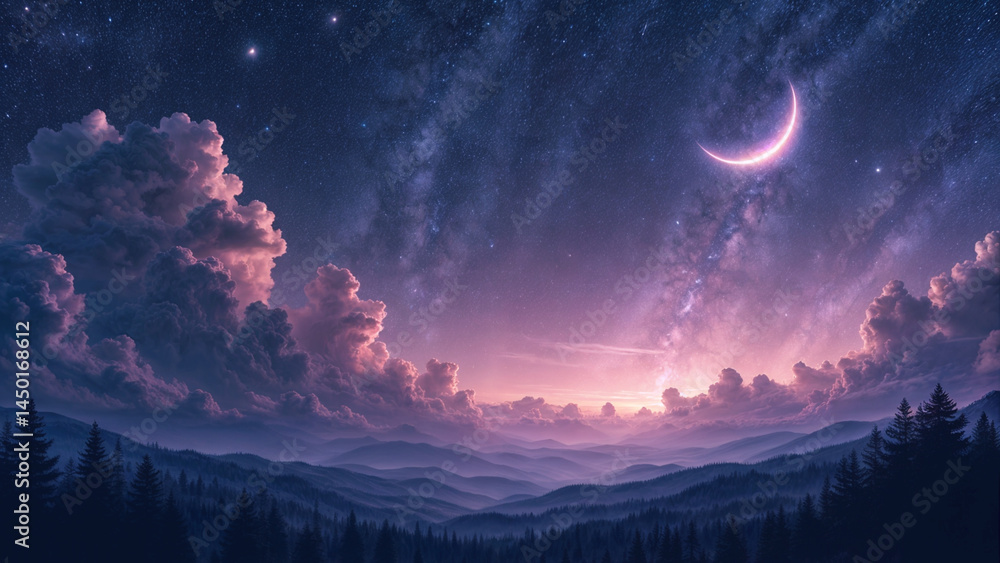 Naklejka premium 三日月と夜空の風景