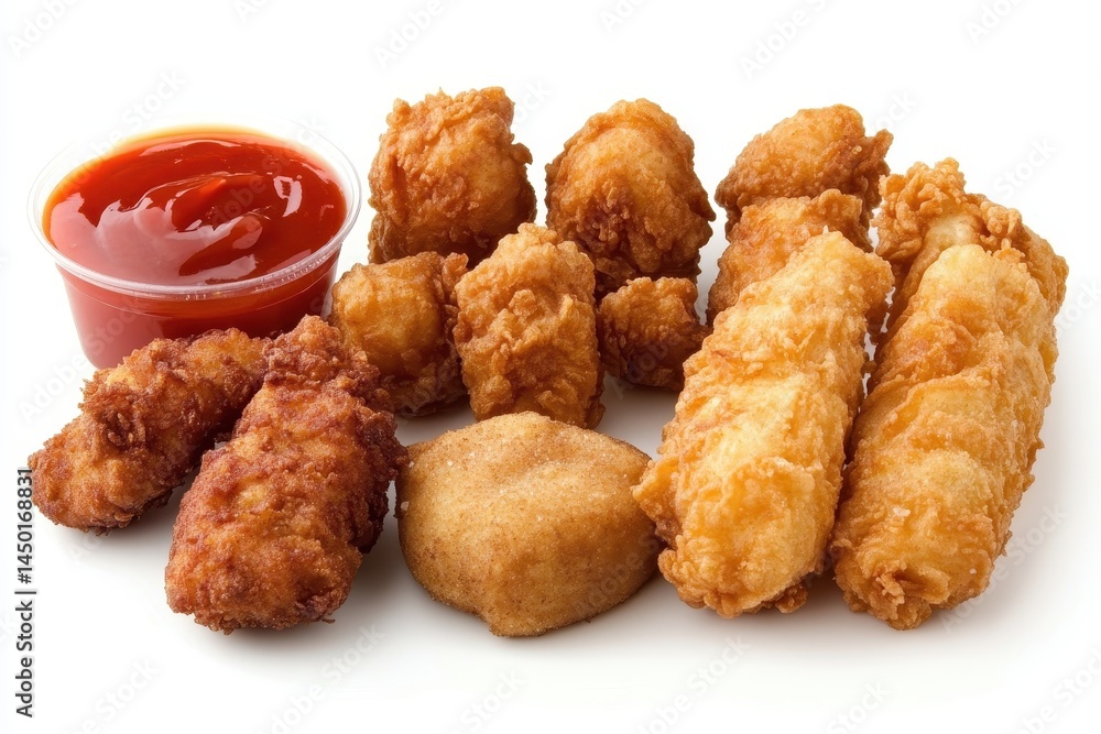 Assorted fried chicken pieces served with a side of ketchup on a clean white background Assorted fried chicken pieces served with a side of ketchup on a clean white background