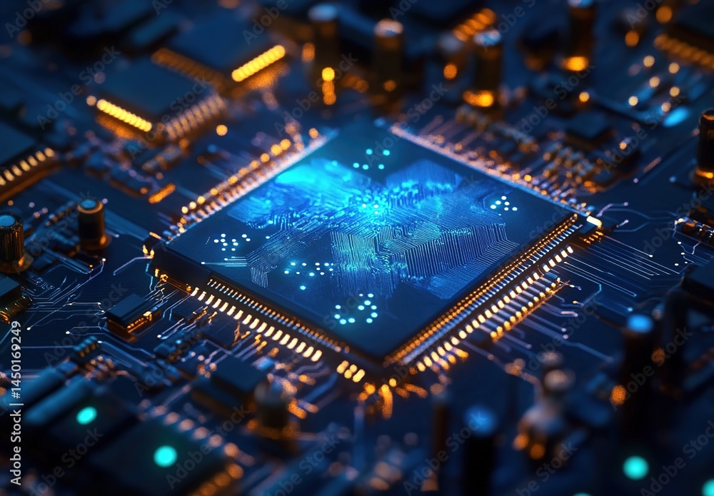 A close-up of a circuit board with a glowing microchip and electronic components. A close-up of a circuit board with a glowing microchip and electronic components.