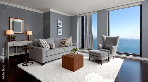 Chic Cityscape Living Room Lake Michigan View.