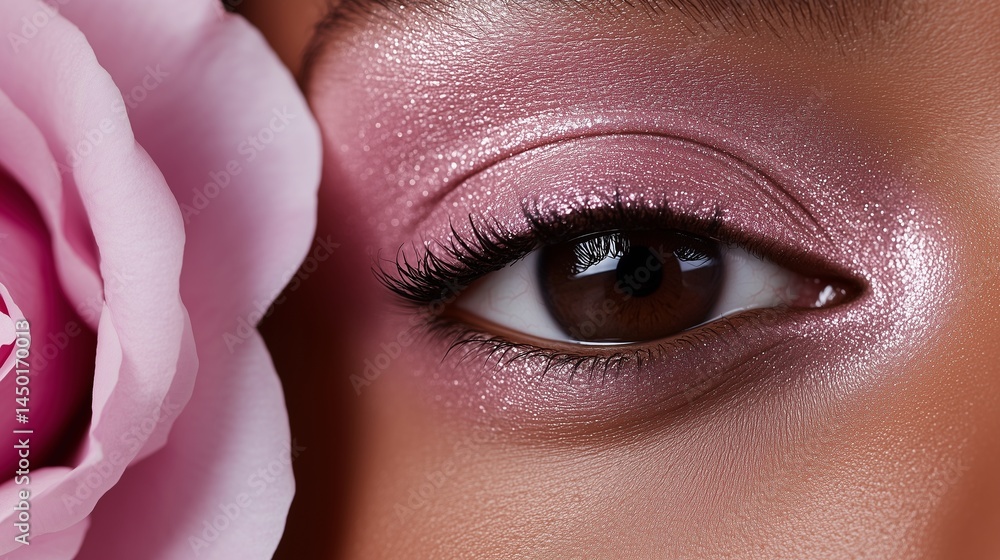 Shimmering eyelid with pink metallic eyeshadow near rose portrait image closeup. Floral bloom makeup eye close-up photography human scene. Beauty fashion concept photo-realistic