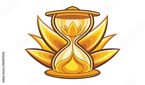 Golden hourglass symbolizing time and growth with lotus flower emblem