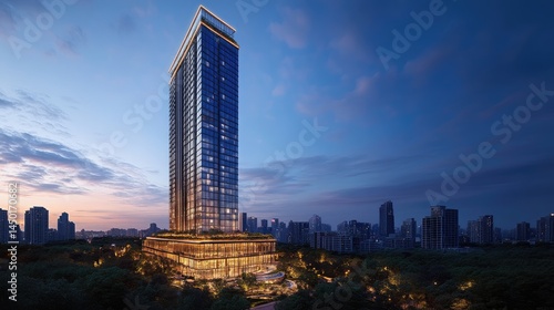 Tall architectural structure with illuminated facade at twilight.