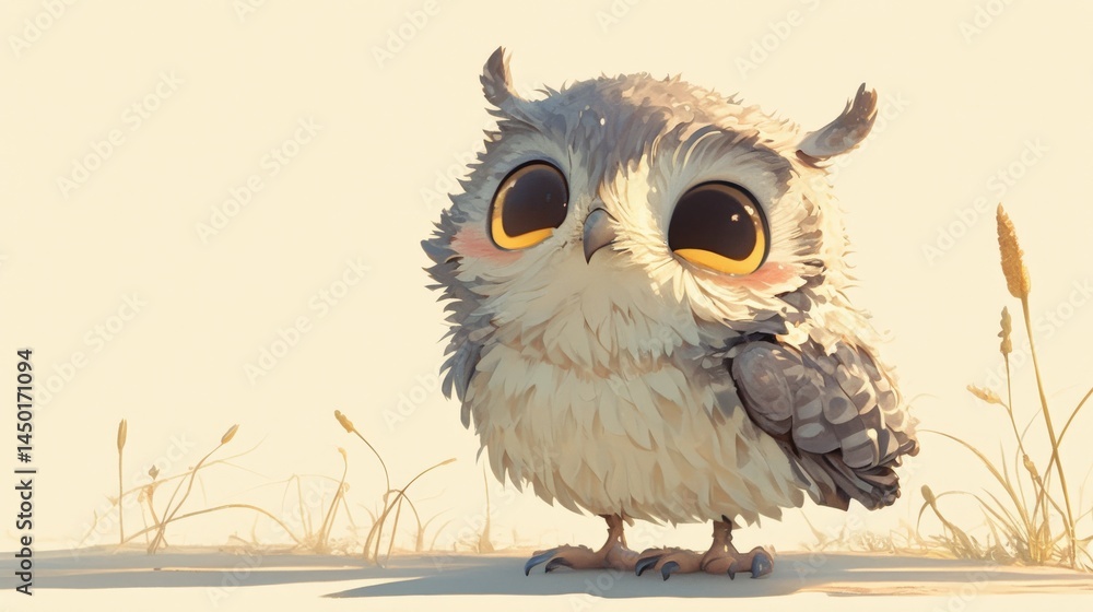 Fototapeta premium Adorable fluffy owl stands sweetly in a warm, gentle field of soft grass