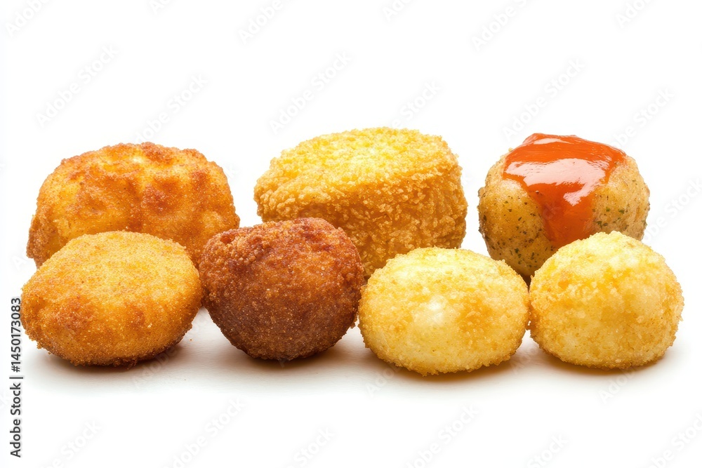 Assorted golden fried snacks including croquettes and balls with dipping sauce on white Assorted golden fried snacks including croquettes and balls with dipping sauce on white