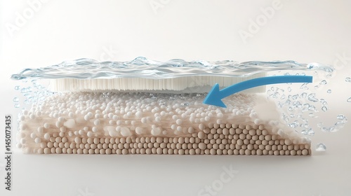 A 3D rendering of the water and brown layers with blue arrows, showing one layer made up only of white woven fabric material and another layer composed entirely of small round.