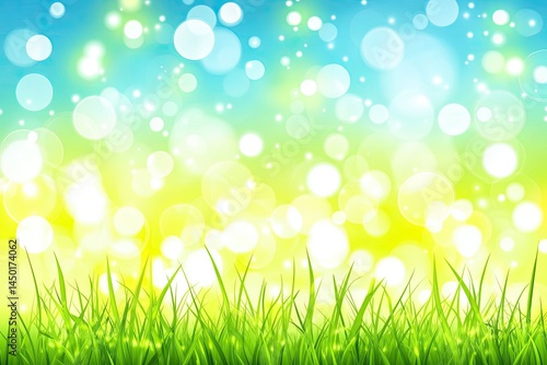 Vibrant spring grass field with bokeh lights.  Fresh green grass at the foreground.  Bokeh effect of bright yellow and blue lights in background
