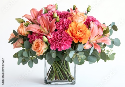 Wallpaper Mural Bright and Cheerful Floral Arrangement Featuring Pink Carnations, Orange Roses, and Lush Greenery in Elegant Glass Vase for Decor Purposes Torontodigital.ca