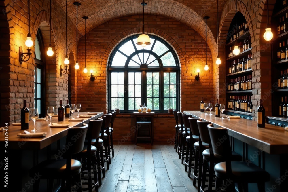 Fototapeta premium Rustic brick bar, wine cellar view, arched window, rustic, drink, cozy