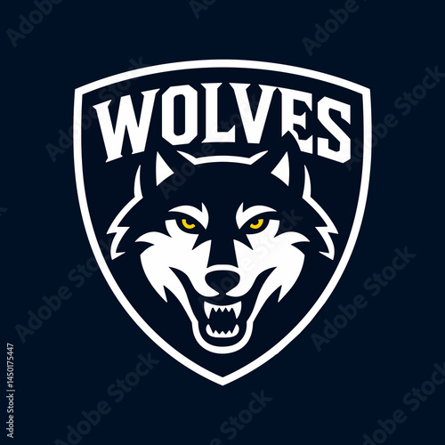 Aggressive Stylized Wolf Head Logo in Shield with Bold WOLVES Text