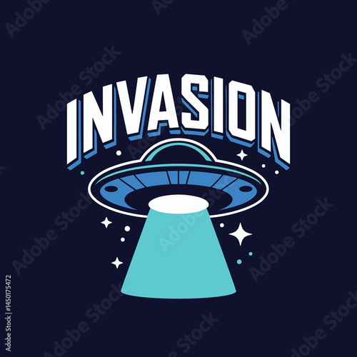 Alien UFO Invasion Graphic with Bright Light Beam and Bold Typography