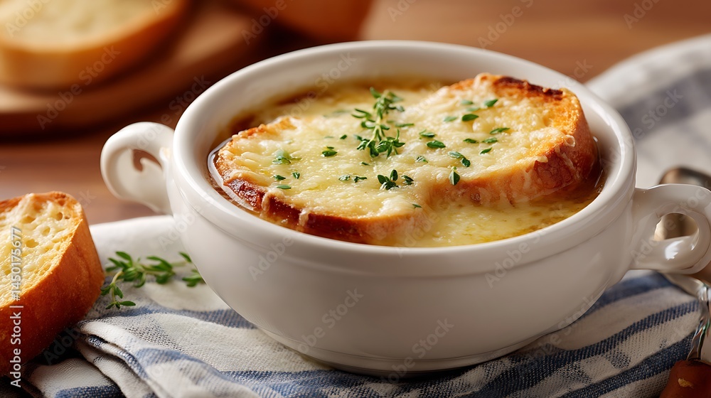 Creamy French Onion Soup with Toasted Cheese and Fresh Thyme Garnish in Elegant Dish Creamy French Onion Soup with Toasted Cheese and Fresh Thyme Garnish in Elegant Dish