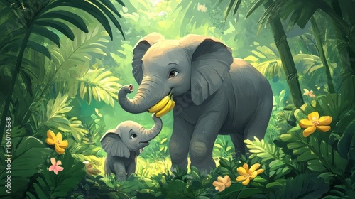 Cute elephant and mom and her baby with banana, botanical tropical forest pattern
