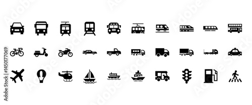 Transportation, vehicle icon set. Vector glyph pictograms of travel, logistics, public transit concepts, car, train,
