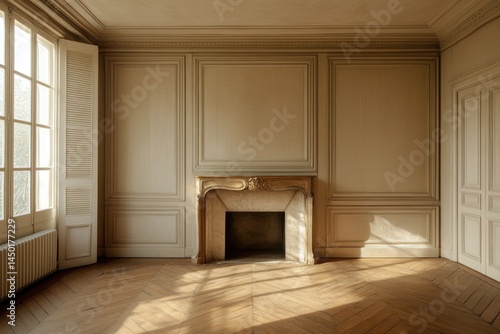Empty room with fireplace, beige walls, a window on the left side, and wooden shutters closed.