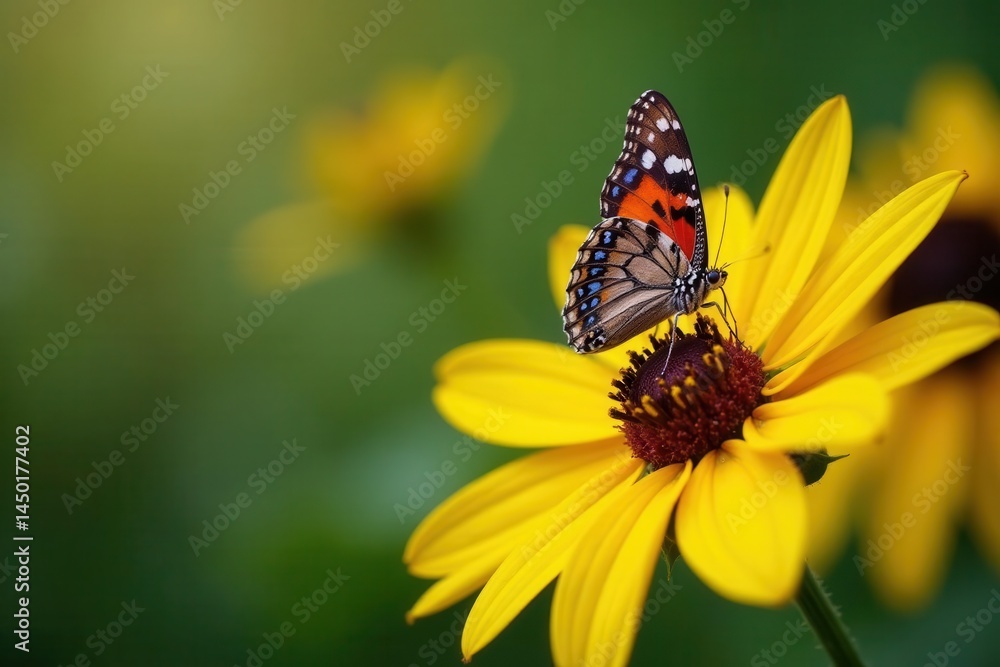 Painted lady butterfly feeding on bright yellow sunflower, flower, colorful, lepidoptera Painted lady butterfly feeding on bright yellow sunflower, flower, colorful, lepidoptera