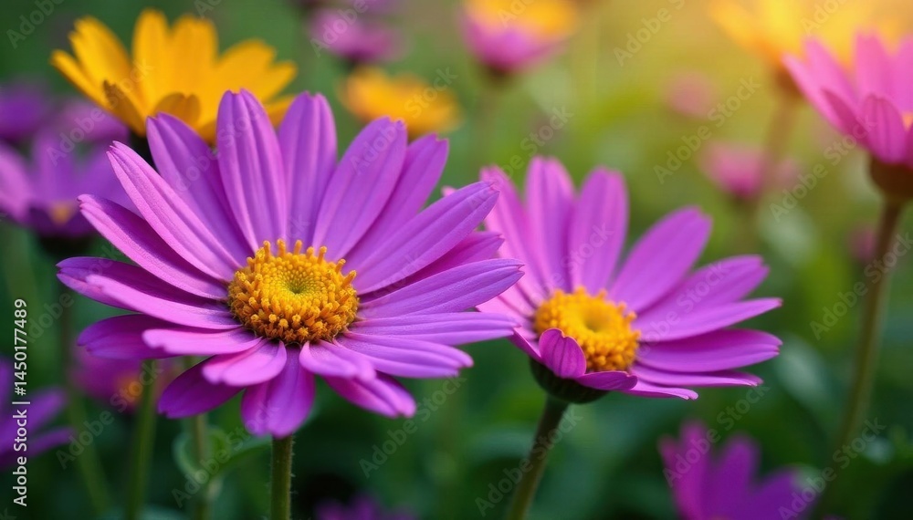 Obraz premium Perfectly symmetrical purple and yellow daisy, vibrant wildflower meadow , wildflowers, vibrant, flora