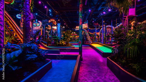 Vivid neon glow illuminates an indoor miniature golf course amusement park