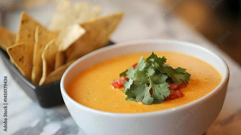 Delicious cheese dip with tortilla chips, garnished with cilantro and tomato Delicious cheese dip with tortilla chips, garnished with cilantro and tomato