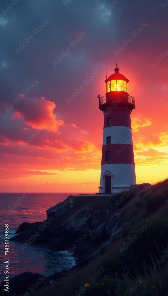 Solitary lighthouse, glowing beam, fiery sunset sky , sunset, purple, lighthouse Solitary lighthouse, glowing beam, fiery sunset sky , sunset, purple, lighthouse
