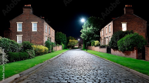 Cobblestone Street at Night with Quiet English Village.