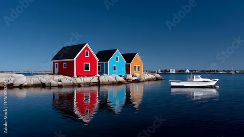 Colorful Newfoundland Houses  Boat with Calm Bay.