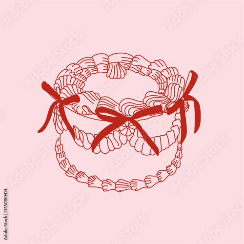Coquette aesthetics retro cake. Vintage cake with ribbon bows in linear style. Holiday, birthday, Valentine’s day vector illustration for posters, cards, printing on t-shirt etc.