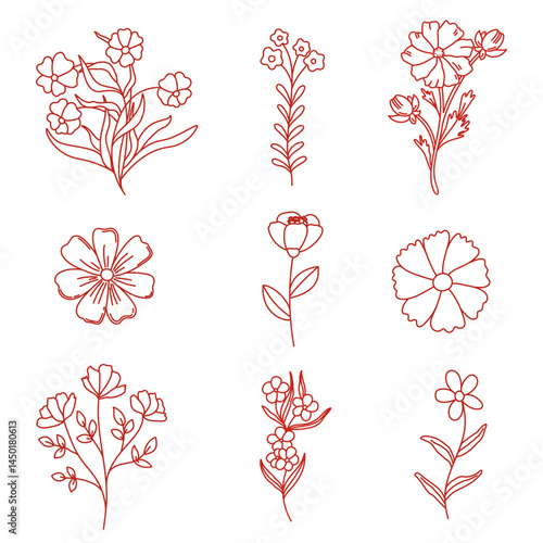 Collection of coquette whimsy minimal flower. Vintage flowers in linear style isolated on white background. Holiday, birthday, Valentine’s day vector for posters, cards, logo, printing on t-shirt etc.