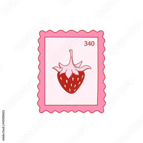 Coquette post stamp with cute strawberry. Postage mail stamp, postmark. Vector illustration for posters, cards, envelopes, printing on t-shirt etc.