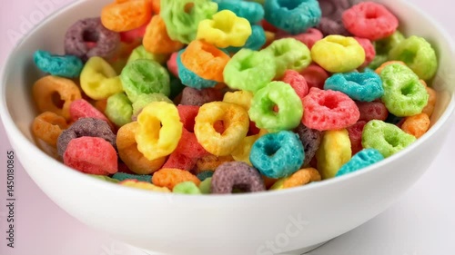 Colorful cereal rings being poured into a white bowl, creating a vibrant breakfast scene