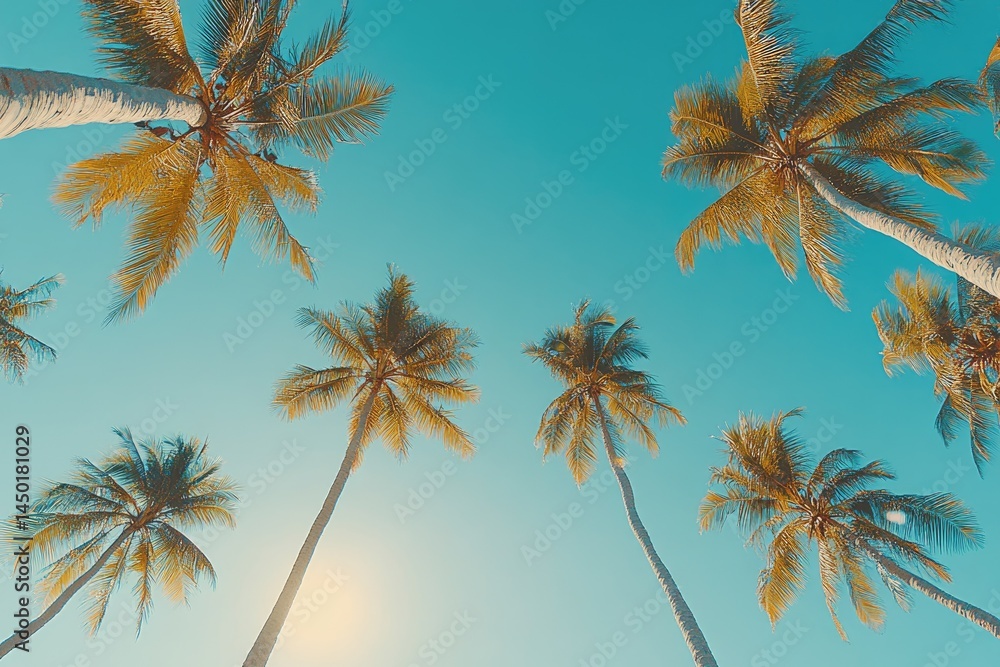 Fototapeta premium Palm trees reaching for a vibrant sky. Many tall palm trees against a bright blue sky. Sunlight highlights the tops of the trees