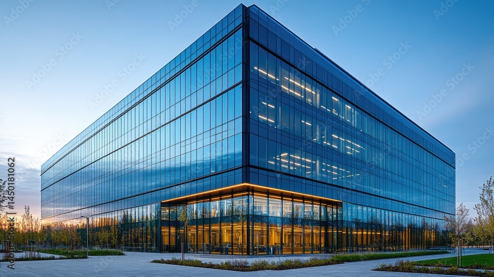 Obraz premium Modern glass-fronted office building exterior in a landscaped business park.