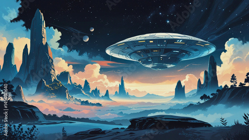 a beautiful sci-fi landscape, with a futuristic thing in the background. 
