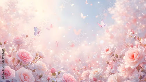 ピンクの花と蝶の風景