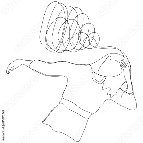 Sketch problem concept minimal woman emotion stress headache drawing line art.Female unhappy depress hand drawn continuous line concept with white isolated background.Abstract,vector,illustration.