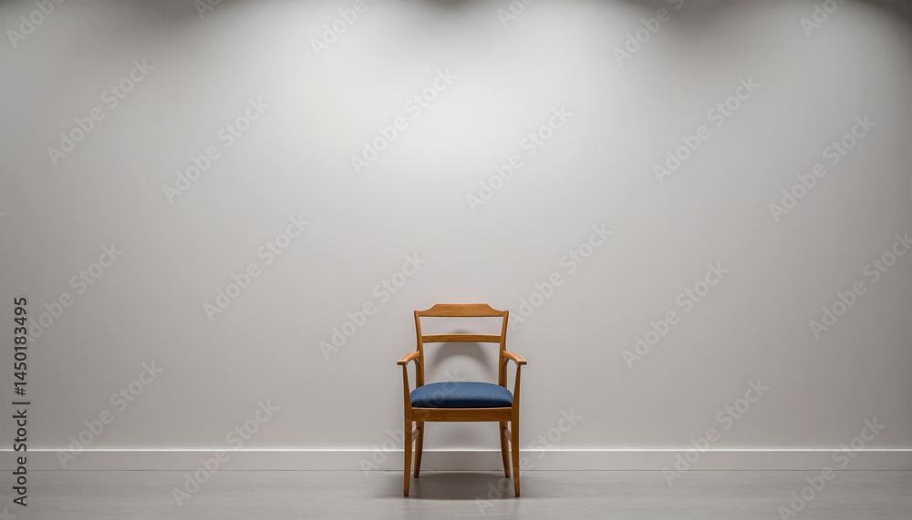 Simple wooden chair against a plain wall in a minimalistic indoor setting Simple wooden chair against a plain wall in a minimalistic indoor setting