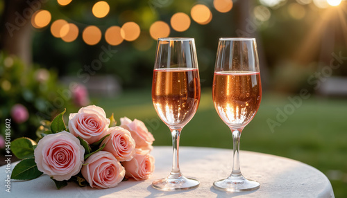 Celebration with rose champagne and pink roses in a garden during golden hour