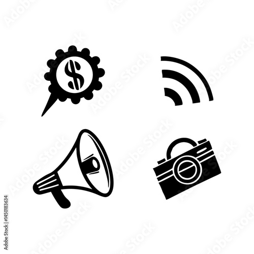  Business and Media Icon Set in Flat Black Style